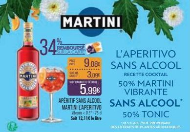 CARTIN  34%  MARTINI  REMBOURSE SUR LA CARTE  9,08€  PAYE  SURA 3.09€  SOIT CAGNOTTE DECUTE  5,99€  APÉRITIF SANS ALCOOL  MARTINI L'APERITIVO Vibrante <0.5-75 d Soit 12,11€ le litre  L'APERITIVO  SANS