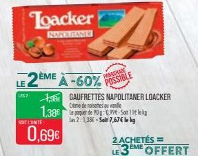 SOIT L'UNITE  Toacker  NAPOLITANER  LE 2ÈME À -60%  LES 21,98 GAUFRETTES NAPOLITANER LOACKER  Crème noisettes ou vanille  1,388  La paquet de 90 g: 0.99E-Soir 11 le kg  Las 2:1,38€ - Salt 7,67€ le kg 