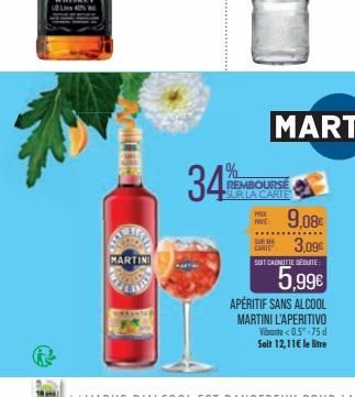 MARTINI  34%  REMBOURSE SUR LA CARTE  PHICK PE  9,08€  SUR MA  CARTE 3,09€  SOIT CANOTTE DÉQUITE  5,99€  APÉRITIF SANS ALCOOL  MARTINI L'APERITIVO Vibrate<0.5"-75d Soit 12,11€ le litre 