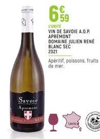 savoie aprement  €  l'unité vin de savoie a.o.p. apremont domaine julien rené  blanc sec  2021  apéritif, poissons, fruits  de mer.  savoie  w  4  