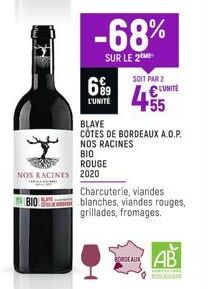 NOS RACINES 2020  69⁹9  L'UNITÉ  -68%  SUR LE 2  SOIT PAR 2  BLAYE  COTES DE BORDEAUX A.O.P. NOS RACINES  BIO ROUGE  €UNITE  +55  Charcuterie, viandes blanches, viandes rouges, grillades, fromages.  B