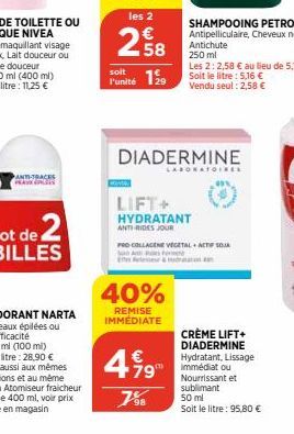 ANTI-TRACKS PEAK PEELS  les 2  258  €  soit  l'unité  HUMA  DIADERMINE  LIFT+  HYDRATANT ANTI RIDES JOUR  40%  REMISE IMMÉDIATE  4⁹  €  7%8  LABORATOIRES  FRD COLLAGENE VEGETAL ACTIF SOJA Son Antes fo