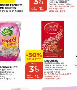 Latte Happy  FRIENDS  BONBONS LUTTI Happy friends. Crazy friends ou Apollo friends 500 g Soit le kg: 4,90 €  soit  Punité 196  -50%  SUR LE 2  les 2  337  soit  unité 19  Lindl LINDOR  PASSIONNEMENT F