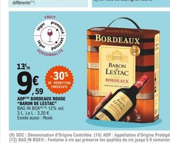 13,%  1  léger  FRUIT  1061  Pauesor  PERSONNALITE  Puissant  -30%  BE REDUCTION INMEDIATE  ,59  AOP BORDEAUX ROUGE  "BARON DE LESTAC"  BAG IN BOX 12% vol.  3 L. Le L: 3,20 €. Existe aussi: Rosé  BORD