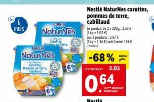 ¹6. mois  Nestle  NaturNes  In Jan Carottes Pommes de Terre,  Nestle  Natur Nes  In Carottes, Code Tarra  100%  -68%  LE PRODUCT 2.03  0.64  Nestlé NaturNes carottes, pommes de terre, cabillaud  Le pr