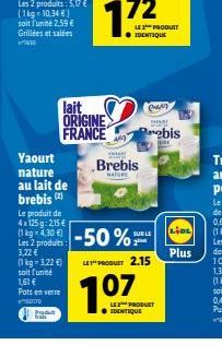 Yaourt  nature au lait de brebis (2)  lait ORIGINE FRANCE  Le produit de 4x125g: 215€  Les 2 produits 3,22 €  (1 kg-1,22 €)  soit l'unité 1,61 €  Pots en verre  000  www  Brebis  NATURE  LE PRODUIT ID