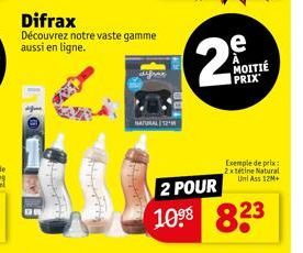 Difrax  Découvrez notre vaste gamme aussi en ligne.  w  NATURALI 2  1098  2 POUR  e MOITIÉ PRIX  Exemple de prix 2xtétine Natural Uni Ass 12M+  823 