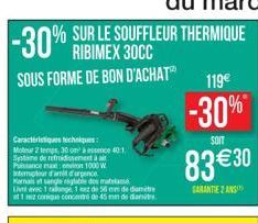 -30% SUR LE SOUFFLEUR THERMIQUE  SOUS FORME DE BON D'ACHAT  Caractéristiques techniques: Moteur 2 temps, 30m² à essence 40:1 Systne de refroidissement à air Puissance max: 1000 W  Intempor damit d'urg