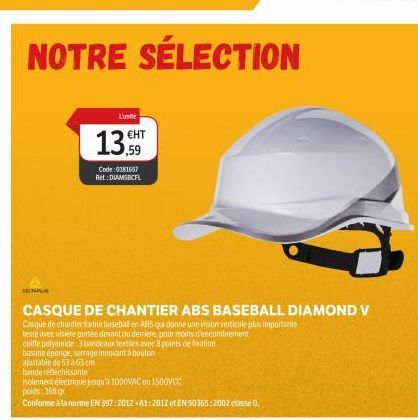 NOTRE SÉLECTION  BELTAPLUS  L'unité  CASQUE DE CHANTIER ABS BASEBALL DIAMOND V  Casque de chantier forme baseball en ABS qui donne une vision verticale plus importante  testé avec visière portée devan