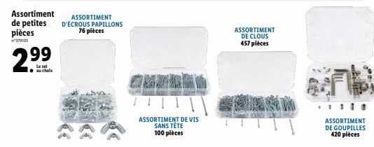 Assortiment de petites pièces  379105  29  Le set au choix  ASSORTIMENT D'ÉCROUS PAPILLONS 76 pièces  ASSORTIMENT DE VIS SANS TÉTE 100 pièces  ASSORTIMENT DE CLOUS 457 pièces  ASSORTIMENT DE GOUPILLES