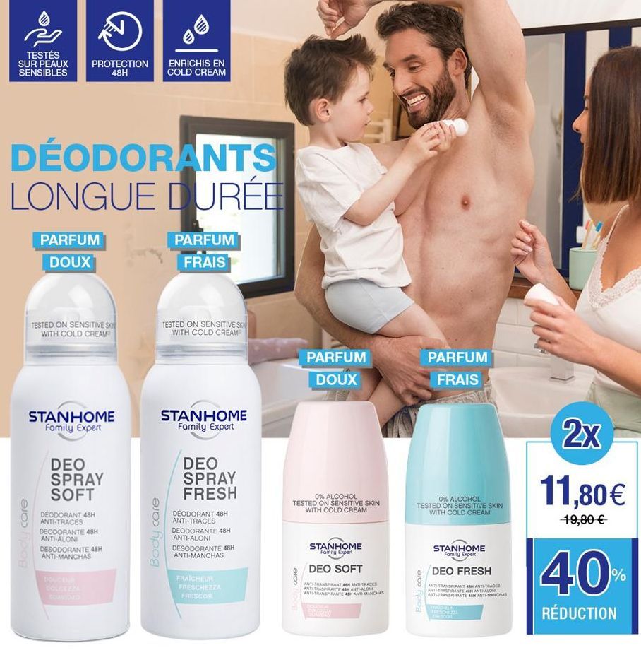 TESTÉS SUR PEAUX SENSIBLES  D  PROTECTION 48H  a po  DÉODORANTS LONGUE DURÉE  PARFUM DOUX  PARFUM FRAIS  TESTED ON SENSITIVE SK WITH COLD CREAM  STANHOME Family Expert  DEO SPRAY SOFT  DEODORANT 48H A