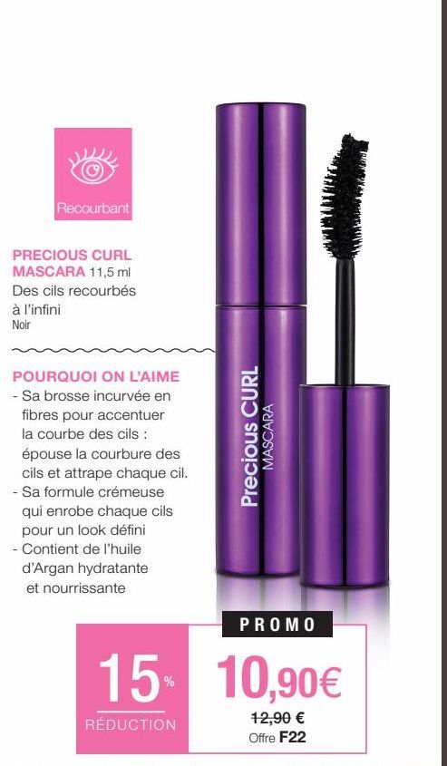 Recourbant  PRECIOUS CURL  MASCARA 11,5 ml Des cils recourbés à l'infini Noir  POURQUOI ON L'AIME - Sa brosse incurvée en fibres pour accentuer la courbe des cils : épouse la courbure des cils et attr