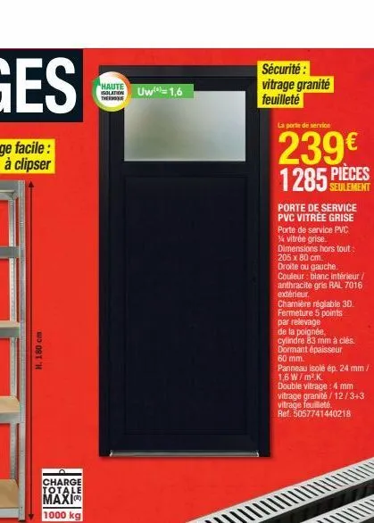 h. 180 cm  charge totale maxi  1000 kg  haute  solation uw 1,6  sécurité : vitrage granité feuilleté  la porte de service  239€ 1285 pieces  porte de service pvc vitrée grise porte de service pvc % vi