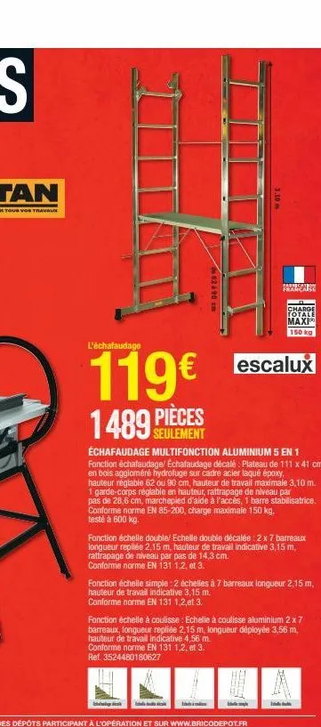 l'échafaudage  119€  1489 pièces  seulement  de 62 à 90 cm  3.10 m  échafaudage multifonction aluminium 5 en 1 fonction échafaudage/ echafaudage décalé: plateau de 111 x 41 cm en bois aggloméré hydrof