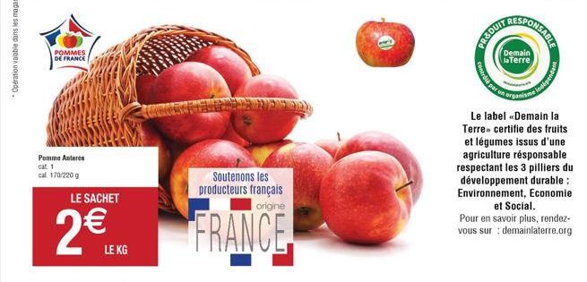 POMMES  DE FRANCE  Pomme Antares cat 1  cal 170/220 g  LE SACHET  2€  LE KG  Soutenons les producteurs français origine  FRANCE  PRODU  contré par un  &DUIT  Demain laTerre  organisme  Le label «Demai