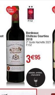 Coup Coeur  ORATEAL  COU  DEALE  P152  Bordeaux  Château Courtieu 2018  2* Guide Hachette 2021  P.152  3 €95  salades, entrées charcuterie 