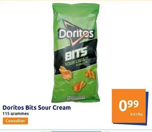 doritos  bits  sour cream flavour  esäse  doritos bits sour cream  115 grammes  consulter  099  8.61/ka  