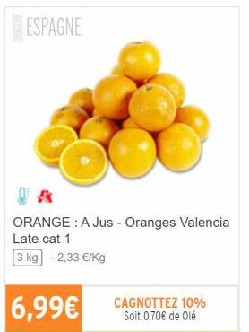 ESPAGNE  6,99€  ORANGE: A Jus - Oranges Valencia Late cat 1  3 kg -2,33 €/kg  CAGNOTTEZ 10% Soit 0,70€ de Olé 