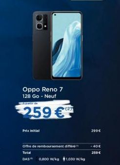 Oppo Reno 7 128 Go - Neuf A partir de  259 €  Prix initial  (27  Offre de remboursement différé Total DAS  0,800 W/kg $1,030 W/kg  299 €  - 40 €  259 € 