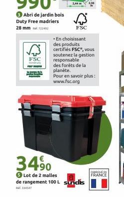 FSC  34,⁹0  ✔ Lot de 2 malles  FSC  • En choisissant des produits  certifiés FSC", vous soutenez la gestion responsable  des forêts de la planète.  Pour en savoir plus: www.fsc.org  de rangement 100 L