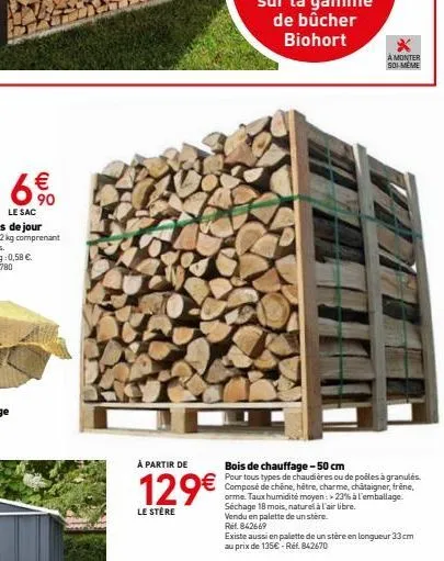 6%  €  90  à partir de  129€  le stere  bois de chauffage - 50 cm  pour tous types de chaudières ou de poêles à granulés. composé de chêne, hêtre, charme, châtaigner, frêne, orme. taux humidité moyen: