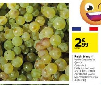 299  Lekg  Raisin blanc Variété Chasselas du Quercy Catégorie 1.  Existe aussi en raisin noir FILIÈRE QUALITÉ CARREFOUR, variété Muscat de Hambourg à 3,49€ lekg 