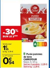 Vendu soul  15  -30%  SUR LE 2 ME  Le kg: 2,70 €  Le 2 produt  94  <B> Classic  PURÉE NATURE  NUTRI-SCORE  8Purée pommes de terre CARREFOUR  Nature, 4x 125 g  Soit les 2 produits: 2,29 €- Soit le kg: 