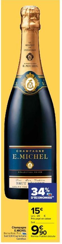 EL  LE  RESPECT DE L'HERITAGE  CHAMPARKE  B.MICHEL  CHAMPAGNE E.MICHEL  COLLECTION PRIVEE  Fixe Pare Tradition BRUT  GRAND VIN  Champagne E.MICHEL  But ou Rosé, 75 cl Soit 5,10 € sur la Carte Carrefou