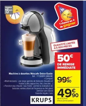 pression  1542  machine à dosettes nescafe dolce gusto re: yy3888fd min me compact  -mutt-boissons: une large gamme de boissons chaudes et froides (café cappuccino, thé, chocolat...) fonction eau chau