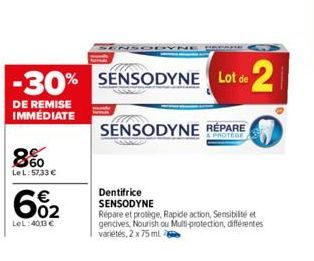 DE REMISE IMMÉDIATE  860  LeL: 57,33 €  6%₂2  02  LeL:40,13 €  PALETA  -30% SENSODYNE SENSODYNE Lot de 2  SENSODYNE RÉPARE  Dentifrice SENSODYNE  Répare et protège, Rapide action, Sensibilité et genci