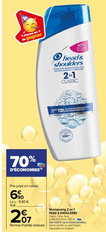 1 chance en + de gagner  70%  D'ÉCONOMIES (2)  Prix payé en caisse  6⁹0  €  Le L: 11,90 € Soit  40% RECYCLED PLASTIC  head& shoulders  SONG ANTINCULA+BON ANTOOR SHAMPOO CONDMONER  2in1 CLASSIC  10T  D