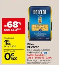 -68%  SUR LE 2 ME  Vendu seul  15  Lekg: 3,30 €  Le 2 produ  53  DECECCO  Pâtes DE CECCO  Fusill Linguine, Spaghetti ou Penne 500.g. Soit les 2 produits: 2,18 € - Soit le log: 2,18 € Panachage possibl