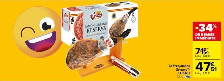 elpozo  jamon serrano reserva  spanien tradition  coffret jambon serrano elpozo 7,5 kg.  -34%  de remise immédiate  7199  lekg: 960 €  471  lekg:6,33 € 