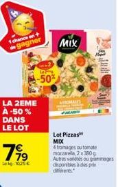 1 chance en + de gagner  LA 2EME À -50% DANS LE LOT  wa La  -50%  Lekg: 1025 €  11⁹.  MIX  FROMAGES  Lot Pizzas MIX  4 fromages ou tomate  mozzarella, 2x 380 g Autres variétés ou grammages  disponible