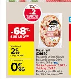 -68%  sur le 2 me  vendu seul  99 lekg: 1128 €  +2  vignettes  le 2 produt  0%  sideb pa  pizzalina sodebo  mozzarella jambon, chariza, mozzarella bleu ou chèvre légumes, 265 g  soit les 2 produits: 3