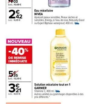 22  lel: 6,05€  nouveau  -40%  de remise immédiate  595  lel: 13,38 €  321  lel: 8,03 €  eau micellaire nivea  apaisant peaux sensibles, peaux sèches et sensibles, energy, à l'eau de rose, naturally g