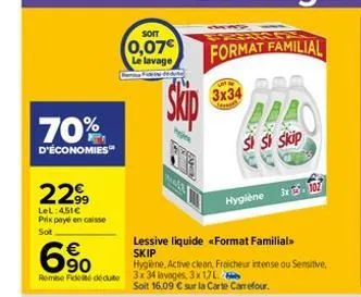 70%  d'économies™  2299  lel:451€ prix payé en caisse  sot  6%  remise fidé dédute 3x 34 lavages, 3x17l  soit  0,07€  le lavage  dedit  skip  format familial  3x34  sept  lessive liquide «format famil