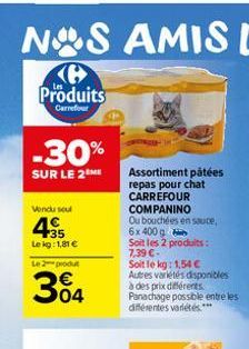 Produits  Carrefour  -30%  SUR LE 2 ME  Vendu sout  435  Lekg: 1,81 €  Le 2-produt  304  Assortiment pâtées repas pour chat CARREFOUR COMPANINO  Ou bouchées en sauce,  6x 400 g  Soit les 2 produits: 7