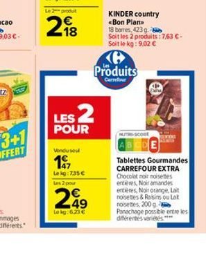 218  LES 2  POUR  Vendu sou  197  Le kg:735€  Les 2 pour  299  Lokg: 6.23 €  Produits  Carrefour  KINDER country «Bon Plan  18 barres, 423 g.  Soit les 2 produits: 7,63 €-Soit le kg: 9,02 €  NUTES-SCO