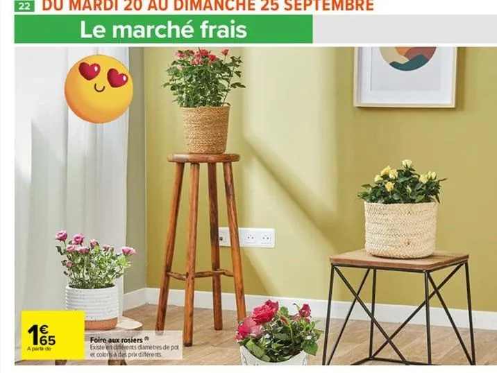 22 du mardi 20 au dimanche 25 septembre  le marché frais  15  €  a partir do  foire aux rosiers existe en différents diamètres de pot et colors à des prix différents  :  