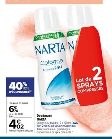 40%  D'ÉCONOMIES  Prix payé en casse  6%  Le L: 33,50 € Soit  402  €  Remise Ficte deduto  COMPRESSE  FRACHER CONCOR  COMPRE  NARTA N  Cologne Eic24H  2  Lot de SPRAYS COMPRESSES  Deodorant NARTA  Col