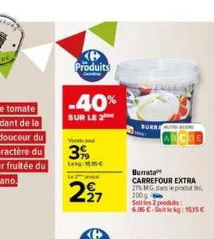 produits  -40%  sur le 2  vondu soul  3,99  lekg: 18,95 € le 2 produ  227  burra nutri-score  burrata  carrefour extra 21% m.g. dans le produit fini 200g  soit les 2 produits:  6,06 €-soit le kg: 15,1