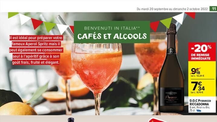 Il est idéal pour préparer votre  fameux Aperol Spritz mais il peut également se consommer seul à l'apéritif grâce à son goût frais, fruité et élégant.  BENVENUTI IN ITALIA**  CAFÉS ET ALCOOLS  Du mar