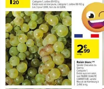 299  lekg  raisin blanc variété chasselas du quercy catégorie 1.  existe aussi en raisin noir filière qualité carrefour, variété muscat de hambourg à 3,49€ lekg 