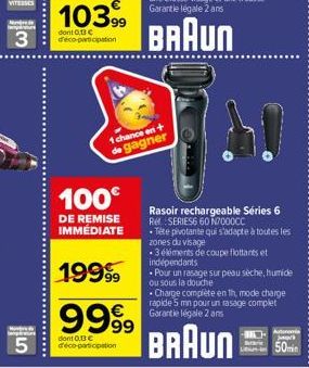 3  5  100€  DE REMISE IMMEDIATE  1999  999⁹9  €  dont 0.13c d'éco-participation  1 chance en + de gagner  Rasoir rechargeable Séries 6 Re SERIES6 60 N2000CC  3 éléments de coupe flottants et indépenda