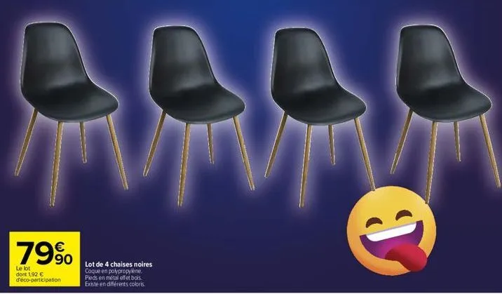79%  le lot dont 1,92 € d'éco-participation  g  lot de 4 chaises noires coque en polypropylène. pieds en métal effet bois existe en différents coloris. 