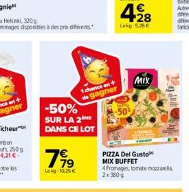 -50% SUR LA 2E DANS CE LOT  79  Lekg: 10,25 €  1 chance en + de gagner  428  €  Lokg: 5,28 €  -50%  MIX  PIZZA Del Gusto  MIX BUFFET  4 Fromages, tomate mozzarella, 2x 380 g  wart 