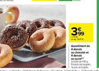 399  la bote lekg: 9,07 €  assortiment de  4 donuts  au chocolat et  4 donuts  au sucre  la boite de 440 g produits décongelés, ne pas recongeler 