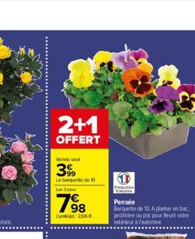 2+1  OFFERT  Vendu seul  399  La barquette de 10  Les 3 pour  798  Lunt: 266 €  Production  française  Pensée  Barquette de 10 A planter en bac.  jardinière ou pot pour fleurir votre extérieur à fauto