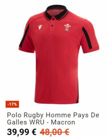 -17%  Polo Rugby Homme Pays De Galles WRU - Macron  39,99 € 48,00 € 